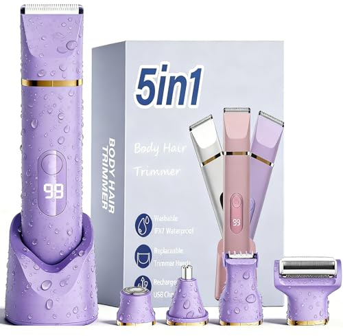 XkuiHF 5-in-1 Rasierer Damen, Elektrisch Intimrasierer für Frauen, Bikini Trimmer Damen für Körper & Intimbereich mit LED-Anzeige, IPX7 wasserdicht Wiederaufladbar USB, Trimmer nass trocken