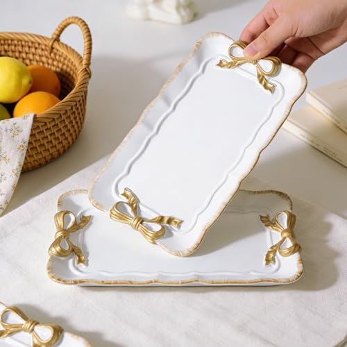 GW Box 2 Pcs Vintage Decorative Tray Decorative Tray for Jewelry Bow Decor Resin Plate Coquette for Jewelry, Rings, Bracelets, Earrings, Cosmetics Storage,White