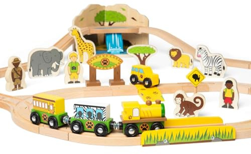Bigjigs Rail Safari Train Set, 38 Piece Wooden Railway Playset