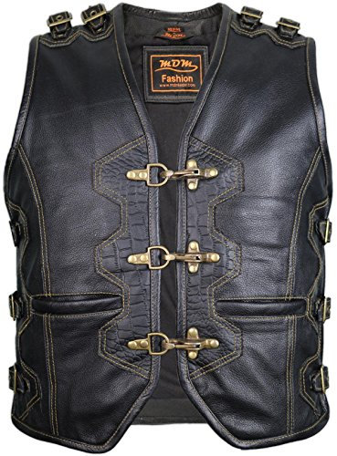 MDM Herren Leder Kutte mit Messing Karabinern, in schwarz (S)