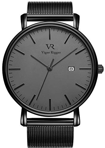 Vigor Rigger orologio da uomo, da polso ultra-sottile colore nero design classico stile minimal classico con calendario e Cinturino in acciaio inossidabile