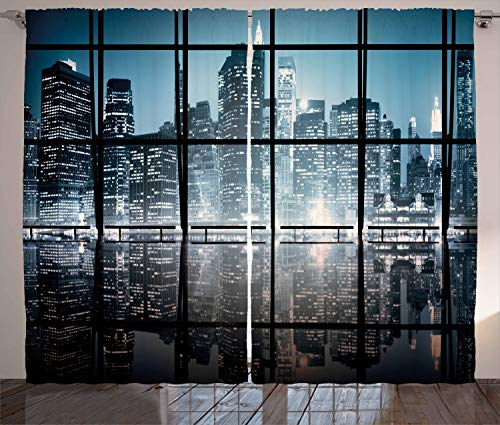 ABAKUHAUS Stadt Rustikaler Vorhang, New York bei Nacht-Landschaft, Wohnzimmer Universalband Gardinen mit Schlaufen und Haken, 280 x 225 cm, Dunkelblau Schwarz