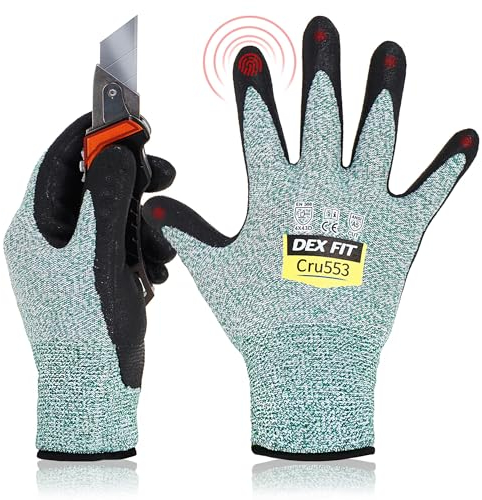 DEX FIT Gants de Travail Cru553 Résistants aux Coupures Niveau 5, Adaptation 3D Confortable Extensible, Agrippants Nitrile Durable, Smart Touch, Fins Légers, Lavables, Vert 8 (M) 1 Paire