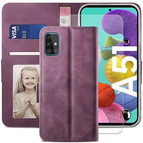YATWIN Handyhülle Kompatibel mit Samsung Galaxy A51 Hülle +1 Stück Panzerglas Schutzfolie, Klapphülle Samsung A51 Premium Leder Brieftasche Schutzhülle [Kartenfach][Stand] Handytasche Case Weinrot