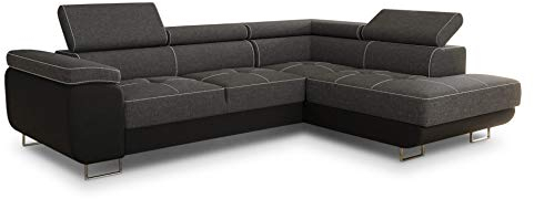 Ecksofa Caris mit Schlaffunktion und einstellbare Kopfstützen, Wohnlandschaft mit Bettkasten, Couch, Sofa, Bettsofa (Schwarz + Dunkelgrau (Soft 011 + Sawana 05), Ecksofa Rechts)