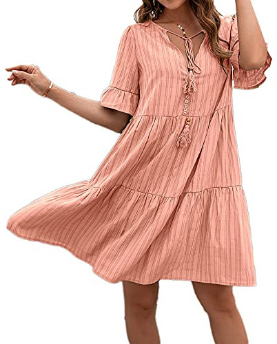 Beaufident Femme Robe Droites fluides Été Rétro Bohême Robes Col V Robes au Genou Manches Courte Casual Grande Taille Tuniques Ample Robe Été de Plage,Rose,XL