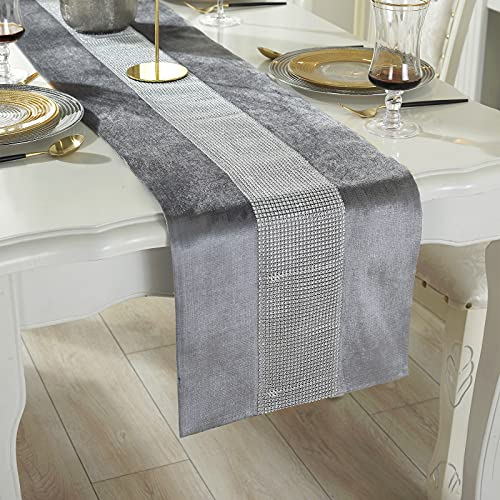 Deggodech Tischläufer Grau 210cm Lang Glitter Tischläufer Silver Diamant Table Runner für Partys Abendessen Küche Tischdekoration (32 * 210cm,Grau)