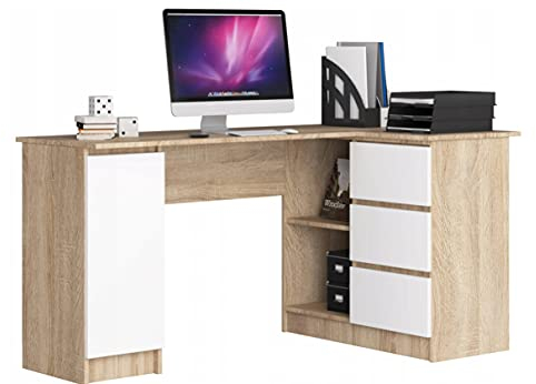 Eckschreibtisch Eiche Sonoma/Weiß, 3 Schubladen rechts und 4 Einlegeböden, viel Platz zum Ausbreiten. Perfekt für Jugendzimmer, Büros und Ateliers