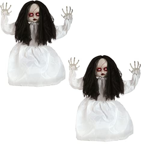 Animatronic Große Puppe im weißen Kleid, 82 cm, Halloween-Dekoration, rote leuchtende Augen und Soundeffekte, springt und sagt Boo! Halloween-Requisiten, 2 Stück