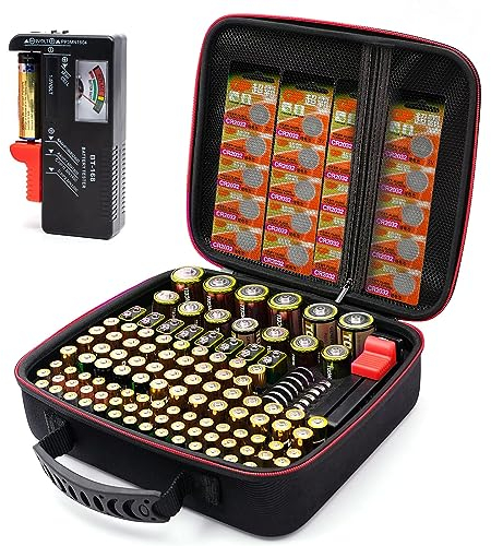 BT168 Battery Storage Case with Tester - Organizer Holds 126 Batteries Various Sizes AAA AA C D 9V Lithium 3V, Hard Case