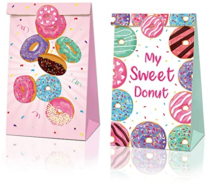 12 PCS Donut Favor Taschen, Candy Party Geschenktüten, Donut Theme Party Favor Taschen, Biskuit-Papiertüten, Geburtstags-Geschenktüten, Farb-Geschenktüten, Hochzeits-Geschenktüten mit Aufklebern