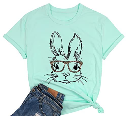 T-Shirt mit Hase und Leopardenmuster, für Damen, niedliches Osterhasen-Motiv, lässig, kurzärmelig, Grün , Klein