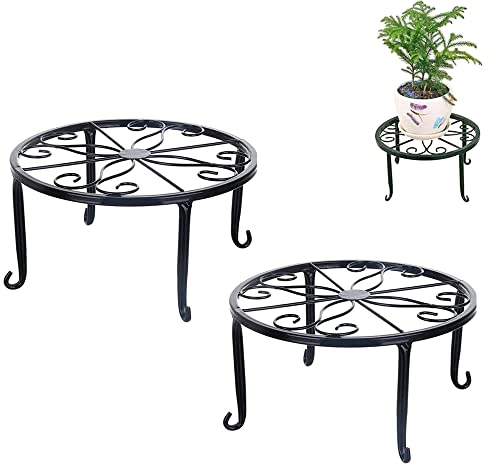 WDDQ Support Pot Fleur en Fer Forgé, 2 Pièces Rond Porte-Plante Fer, Art Pot de Fleur Stand, Metal Art Plant Stand, Résistant Rouille Porte-Pots Fleur, Convient pour I'intérieur et L'extérieur (Noir)