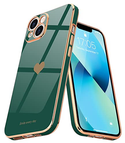 Teageo for iPhone 13 Case Cute Heart Pattern for Women Girls Slim Luxury Bling Plating Soft TPU Anti-Scratch Shockproof Bumper Phone Case for iPhone 13, Blackish Green