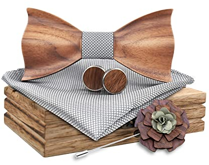 Mr.Van Holzfliege Klassische Set Fliege Herren,Holzfliege, Holz Manschettenknöpfe, Holzbrosche, Einstecktuch für Hochzeiten, Aufführungen, Abschlussball, Partei und sogar tägliche Gebrauch