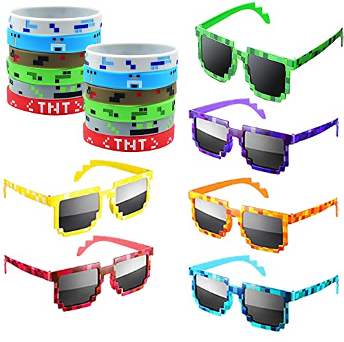 jiaoohoo Pixel geburtstag mitgebsel,12 Stücke Pixel Thema Armband Designs,6 Stücke witzige Pixel Sonnenbrillen,für Jungen und Mädchen Bergbau Thema Stil Party Zubehör, 5*16