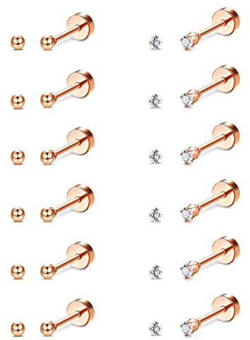 JeryWe 12 Paare Damen 20G Klein Knorpel Ohrringe Ohrstecker Set Herren Mädchen Edelstahl Knorpel Ohrstecker Ohrpiercing CZ Runde Kugel Flache Rückseite Ohrringe Set 2mm Hypoallergenic rosegold