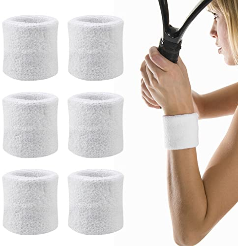 6 Stück Sport Handgelenk Schweißband Elastische Schweißbänder Fitness Arm Schweißband für Männer Frauen Kinder Weiches Baumwollarmband Armband aus Schweißband für Tennis Basketball Fußball(Weiß)
