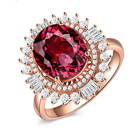 18K Roségold Ringe Frauen, Ring Frauen Rot Diamant-Blumenring mit Ovalem Rotem Turmalin 4,225 ct Personalisierte Versprechen Ringe Schmuck