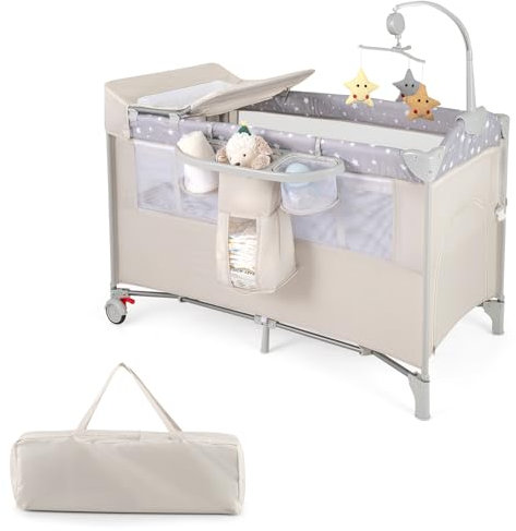 COSTWAY 5 in 1 Beistellbett klappbar, Reisebett mit Matratze, 2 Ebene Babybett mit Rollen, Spielbogen & Wickelauflage, Stubenwagen mit Tragetasche für Baby bis 3 Jahren (Beige)