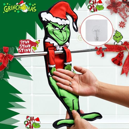 Lustige Weihnachtshandtücher in Grinchy-Form für Bad und Küche, dekorative Hängetücher für Haken und Handtuchstange, Merry Grinchmas Handtücher, Waschlappen, Dekoration, Stink Stank Stunk (Klebehaken