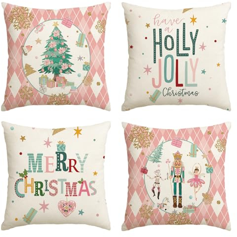 Artoid Mode Rosa Diamant Plaid Nussknacker Baum Frohe Weihnachten Kissenbezüge 4er Set, 45x45cm Winter Zierkissenbezug Couch Wohnzimmer Deko