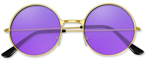BOUBONI Hippie Sonnenbrille 70er Jahre Runde Hippie Brille Party Deko Sonnenbrille für Damen mit farbigem Brillenputztuch (Lila)
