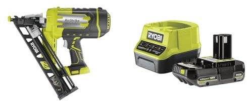 Ryobi - Cloueur de finition incliné 15G à air comprimé 18V - pointe de 25 à 64 mm - tête 1,8 mm - inclinaison 34° - chargeur 110 pointes - Livré avec 100 pointes - 1 batterie 2Ah et 1 chargeur rapide