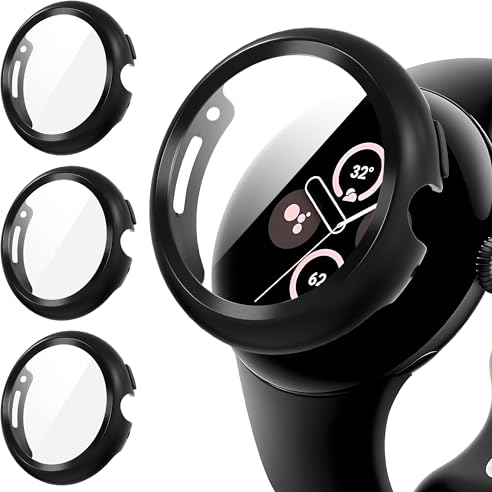 Diruite 3 Stück Hülle für Google Pixel Watch 3/2/1 41mm Schutzhülle PC Ultradünne HD Hartglas Glas Kratzfest Rundum Displayschutz Case,Schwarz&Schwarz&Schwarz