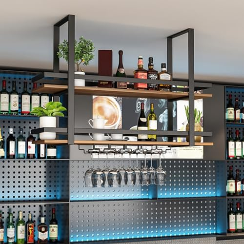 Casier à vin suspendu au plafond, étagères flottantes en métal à 2 couches support mural pour verres à vin support de rangement de décoration suspendu avec support pour verres à pied, pour bar, café (