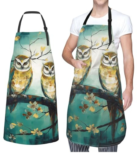 Dwrepo Schürze mit Eulen-Motiv, wasserdicht, mit 2 Taschen, verstellbar, für Damen und Herren, Kochschürze, Schwarz, Einheitsgröße, Schwarz, EinheitsgröÃŸe