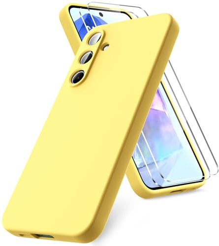 Vansdon Coque Compatible avec Samsung Galaxy A55 5G, 2 Film de Protection en Verre trempé, Housse Souple en TPU en Silicone Liquide, Housse en Caoutchouc Antichoc - Jaune