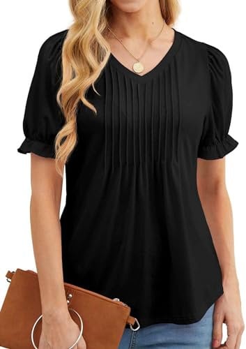 GRECERELLE Womens V Neck Tops Summer Elegant Front Pleated T Shirts for Women UK Ruffle Short Sleeve Blouses Tunic Elegant (Black, L)