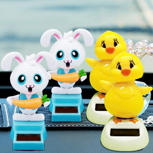 Auto Solar Wackelfigur Kleine Enten & Hase, Solar Wackelfiguren Tanzende Enten, Hase Solarfigur Statue Auto Armaturenbrett Deko Ornamente, Solarfigur Wackelfigur für Auto Haus Büro (2 Enten 2 Hase)