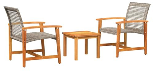 vidaXL Bistro Set 3-TLG., Balkongarnitur mit Metallgestell, Balkonmöbel mit Rückenlehne Armlehnen, Gartengarnitur Gartenmöbel Gartentisch, Grau Poly Rattan Akazienholz
