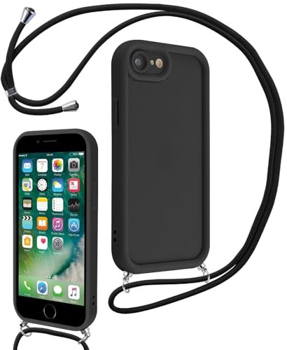 Coalbooliy Coque pour iPhone 7/8/iPhone SE 2022/SE 2020 4,7 avec Cordon de Collier Réglable, Etui Protection de la Caméra Silicone Souple TPU Antichoc Housse avec Corde Cover pour iPhone 8, Noir