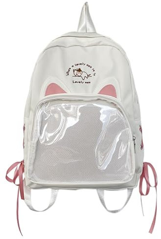 IQYU Männer Rucksäcke Süße Katzenohren Kawaii Pins Tasche Transparentes Fenster Anime Pin Display Rucksack Japanische Cosplay Sammeltasche Rucksäcke Männer Klein (White, One Size)
