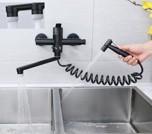 Robinet de cuisine, montage mural, avec pistolet pulvérisateur, rotatif à 360°, tube rotatif de 23 cm, chaud et froid, 4 modes de fonctionnement, acier inoxydable 304, noir