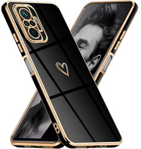 Mkej Glitzernde Handyhülle Für Xiaomi Redmi Note 10 Pro 4G Hülle mit Kameraobjektivschutz, Herz Love Design Galvanik Stoßfeste Dünne TPU Silikon Schutzhülle für Redmi Note 10 Pro 4G, Schwarz Gold
