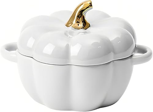 Cocotte avec couvercle, 13 cm et 0,45 l, mini bol à soupe en forme de citrouille, poêle mignonne, idéale pour les desserts, les sauces, la pâtisserie et la décoration de table (blanc)