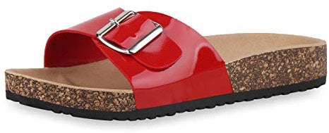 Giralin Damen Sandalen Pantoletten Lack Schuhe Korkoptik Sommer Hausschuhe Schlappen Metallic Strandschuhe Pool Slides 180317 Rot Lack 37