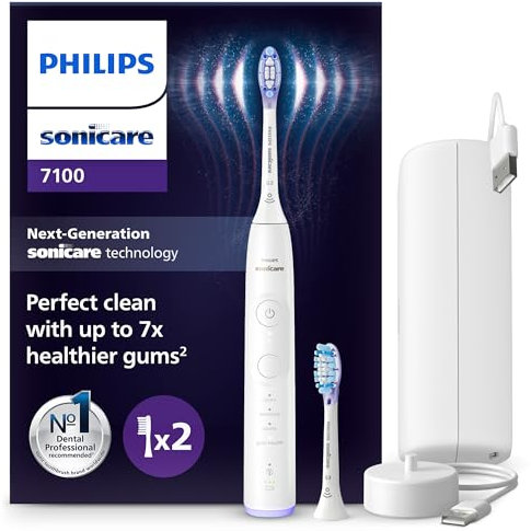 Philips Sonicare 7100 elektrische Zahnbürste, Schallzahnbürste mit App, 4 Putzmodi und 3 Intensitätsstufen, Andruckkontrolle, EasyStart, SmarTimer, Weiß, Modell HX7420/02 [Neue Technologie]
