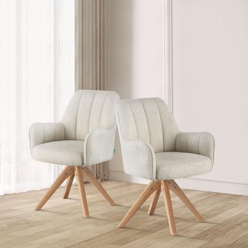 DUBI Möbel® Premium Esszimmerstühle Thomas-FINA 2er Set – Armlehnstuhl drehbar mit Federkernpolsterung, Massivholzgestell Eiche, 150 kg belastbar, hochwertig verarbeitet, Creme weiß