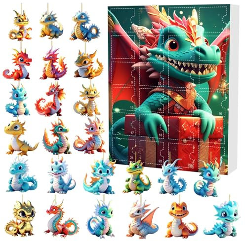 Weihnachtskalender 2024 für Kinder Frauen Männer | Christmas Adventskalender | Weihnachts Gnome Snowman Countdown Kalender | 24 Tage Weihnachtsbaumschmuck Deko Figuren Geschenk (Dragon, 26X18X.3)