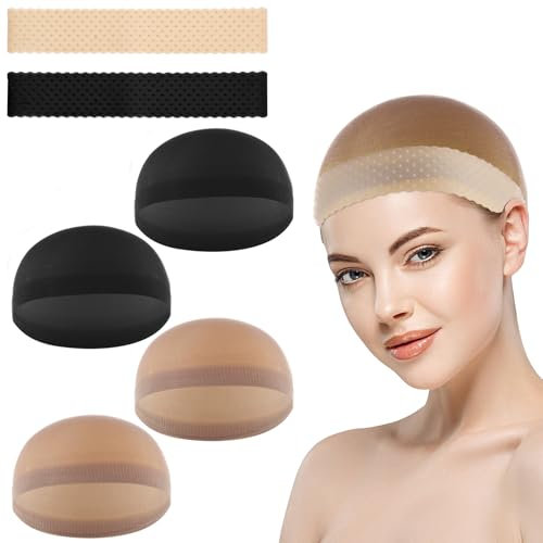 JJUNW Wig Cap Perückengriff, 2 Stück Nylon Perücke Kappen Caps mit 2 Stück Silikon Perückenband, Rutschfestes Perückenkappen Perücke Griff Haarnetz Dehnbare Perückengriffband(Beige + Schwarz)