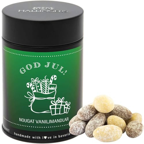 Hallingers Genuss Manufaktur Nougat-Mandeln Weihnachts-Geschenk - von Hand in der Manufaktur schokoliert ohne Alkohol in der Geschenkdose God Jul, green, Weihnachten Svenska