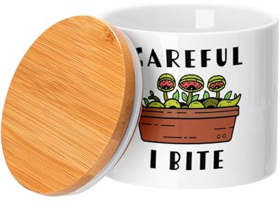 Ceramic Pot with Lid Bamboo - Careful I Bite Venus Trap Fly Plants Gardening Pot - 473ml (16oz) - Pot