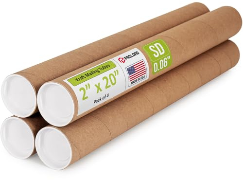 Tubos de correo de papel kraft reforzados de 2 x 20 pulgadas, paquete de 4 tubos con 2 tapas cada uno, tubo de póster aprobado por USPS, tubo de cartón fabricado en Estados Unidos para enviar y