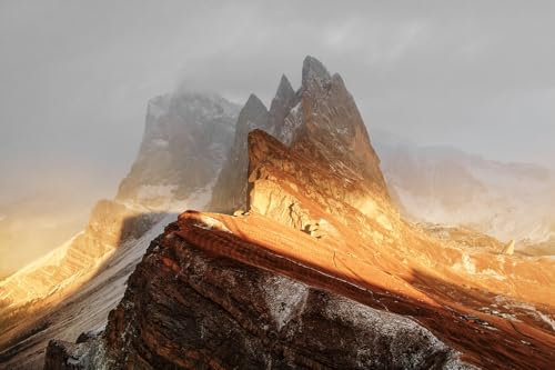STYLER Glasbild Gardena 80 x 120 cm I Wandbild Bild Glas modern Küche Wohnzimmer Schlafzimmer Badezimmer | Berglandschaft Naturmotiv Dolomiten Sonnenaufgang Felsen Panorama | hochwertige Glasdeko