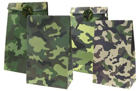 Camouflage-Partytüten mit Aufklebern, 12 Stück, Camouflage-Geschenktüten für Militär-Motto-Partys, Veteranen-Heimkehr und Kinderveranstaltungen